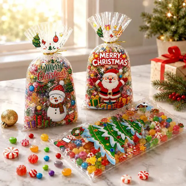 Alt view image 5 of 6 - 120pcs Christmas Cellophane Treat Bags, 4 Styles Christmas Candy Xmas Goodie Gifts Bags with Twist Ties for Christmas Party Favor Supplies