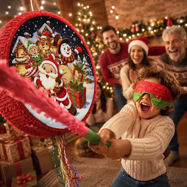 Alt view image 3 of 7 - Christmas Piñata, 4 In 1 Christmas Round Piñata, Party Blindfold Stick Etc Christmas Party Pinata for Merry Christmas Party Favors Decorations