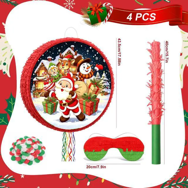 Alt view image 7 of 7 - Christmas Piñata, 4 In 1 Christmas Round Piñata, Party Blindfold Stick Etc Christmas Party Pinata for Merry Christmas Party Favors Decorations