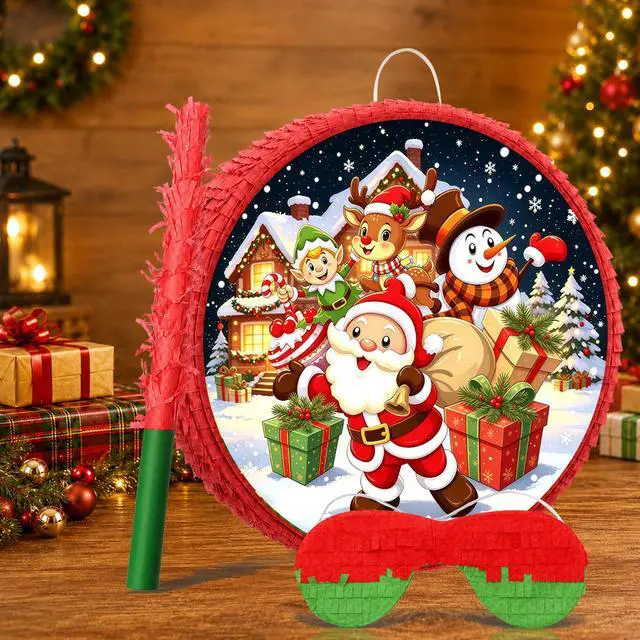 Alt view image 5 of 7 - Christmas Piñata, 4 In 1 Christmas Round Piñata, Party Blindfold Stick Etc Christmas Party Pinata for Merry Christmas Party Favors Decorations