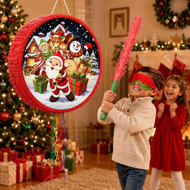Alt view image 2 of 7 - Christmas Piñata, 4 In 1 Christmas Round Piñata, Party Blindfold Stick Etc Christmas Party Pinata for Merry Christmas Party Favors Decorations