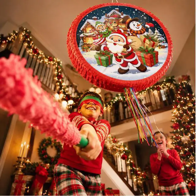 Alt view image 4 of 7 - Christmas Piñata, 4 In 1 Christmas Round Piñata, Party Blindfold Stick Etc Christmas Party Pinata for Merry Christmas Party Favors Decorations