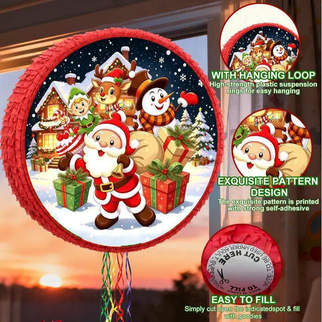 Alt view image 6 of 7 - Christmas Piñata, 4 In 1 Christmas Round Piñata, Party Blindfold Stick Etc Christmas Party Pinata for Merry Christmas Party Favors Decorations