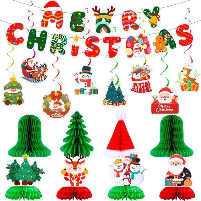 Main image of 30pcs Christmas Party Decorations, Including Merry Christmas Banner Christmas Honeycomb Decorations, Christmas Hanging Swirls, Christmas Table Centerpieces for Xmas Party Supplies