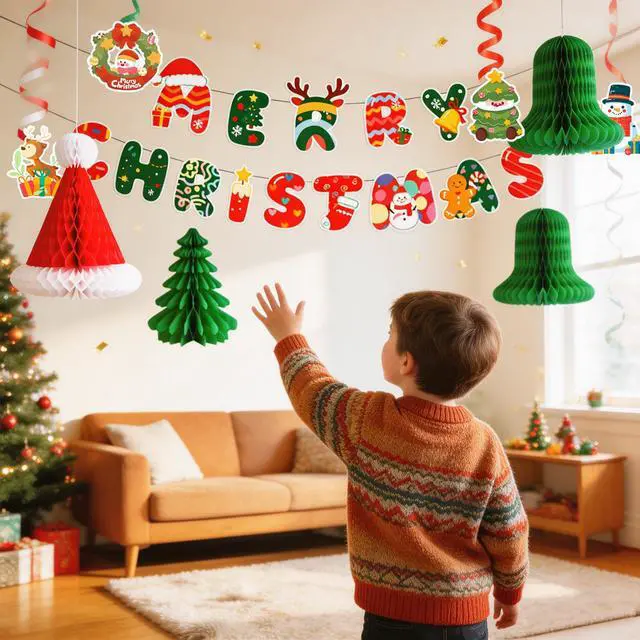 Alt view image 4 of 7 - 30pcs Christmas Party Decorations, Including Merry Christmas Banner Christmas Honeycomb Decorations, Christmas Hanging Swirls, Christmas Table Centerpieces for Xmas Party Supplies