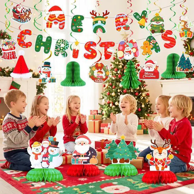 Alt view image 2 of 7 - 30pcs Christmas Party Decorations, Including Merry Christmas Banner Christmas Honeycomb Decorations, Christmas Hanging Swirls, Christmas Table Centerpieces for Xmas Party Supplies