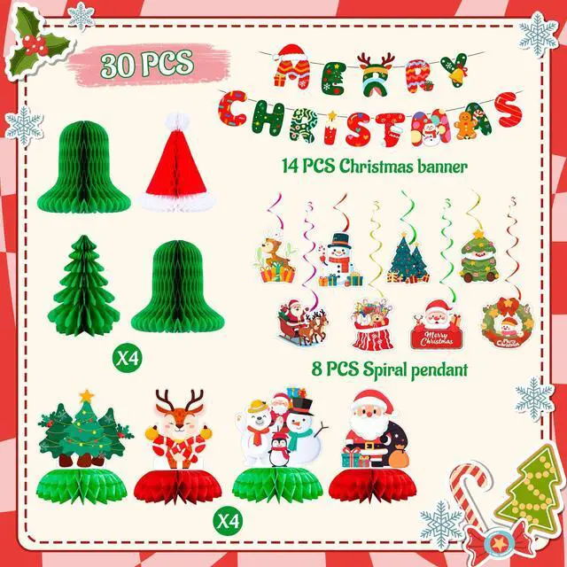 Alt view image 7 of 7 - 30pcs Christmas Party Decorations, Including Merry Christmas Banner Christmas Honeycomb Decorations, Christmas Hanging Swirls, Christmas Table Centerpieces for Xmas Party Supplies