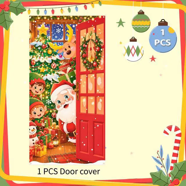 Alt view image 7 of 7 - Christmas Party Decorations, 70.9×35.4 Inch Christmas Door Cover, Santa Claus Front Door Hanging Backdrop for Christmas Porch Decor