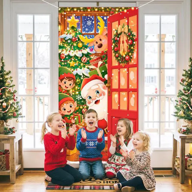 Alt view image 4 of 7 - Christmas Party Decorations, 70.9×35.4 Inch Christmas Door Cover, Santa Claus Front Door Hanging Backdrop for Christmas Porch Decor