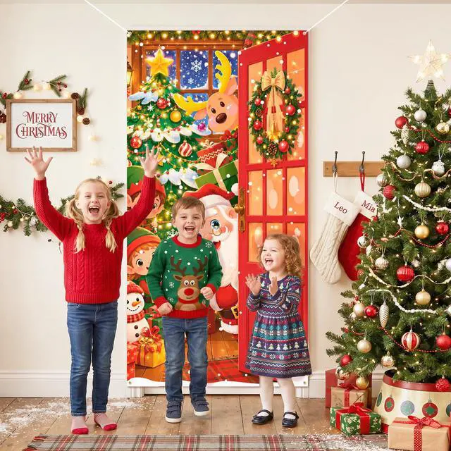 Alt view image 5 of 7 - Christmas Party Decorations, 70.9×35.4 Inch Christmas Door Cover, Santa Claus Front Door Hanging Backdrop for Christmas Porch Decor