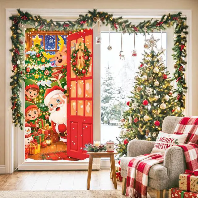Alt view image 3 of 7 - Christmas Party Decorations, 70.9×35.4 Inch Christmas Door Cover, Santa Claus Front Door Hanging Backdrop for Christmas Porch Decor
