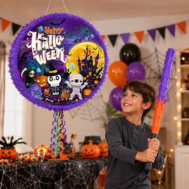 Alt view image 3 of 6 - 17.58 Inch Halloween Pinata, Large Hanging Halloween Pinata with Pinata Stick, Blindfold and Confetti, Halloween Party Supplies for Trick or Treat Party Decorations
