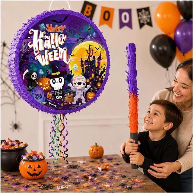 Alt view image 2 of 6 - 17.58 Inch Halloween Pinata, Large Hanging Halloween Pinata with Pinata Stick, Blindfold and Confetti, Halloween Party Supplies for Trick or Treat Party Decorations