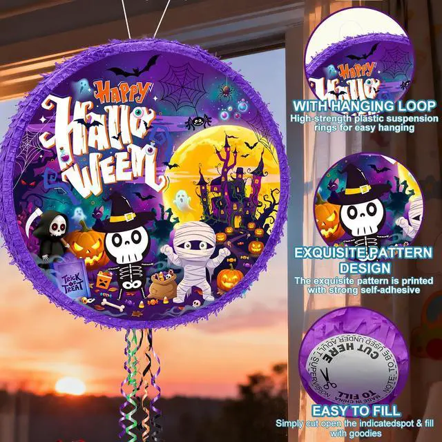 Alt view image 5 of 6 - 17.58 Inch Halloween Pinata, Large Hanging Halloween Pinata with Pinata Stick, Blindfold and Confetti, Halloween Party Supplies for Trick or Treat Party Decorations
