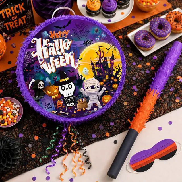 Alt view image 4 of 6 - 17.58 Inch Halloween Pinata, Large Hanging Halloween Pinata with Pinata Stick, Blindfold and Confetti, Halloween Party Supplies for Trick or Treat Party Decorations