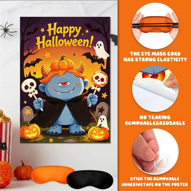 Alt view image 2 of 7 - Halloween Party Supplies, 7 Pcs Halloween Pin The Eye On Monster Game, Including Halloween Poster Party Blindfold and Stickers for Halloween Decoration Supplies