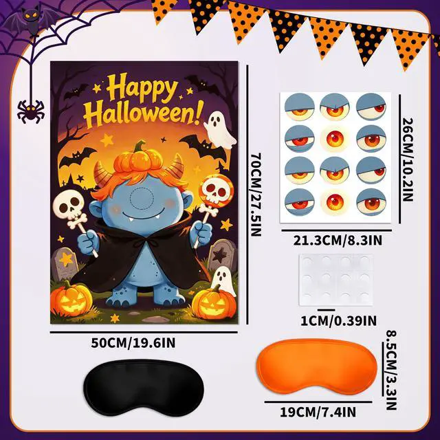 Alt view image 7 of 7 - Halloween Party Supplies, 7 Pcs Halloween Pin The Eye On Monster Game, Including Halloween Poster Party Blindfold and Stickers for Halloween Decoration Supplies