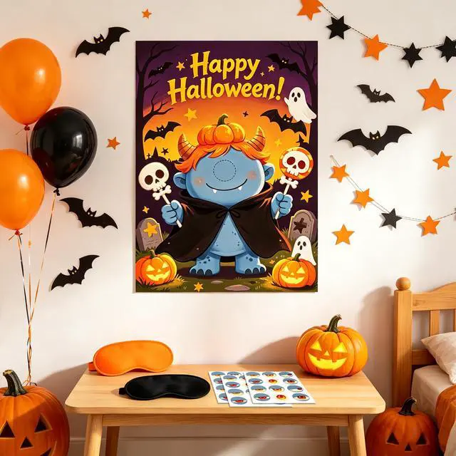 Alt view image 3 of 7 - Halloween Party Supplies, 7 Pcs Halloween Pin The Eye On Monster Game, Including Halloween Poster Party Blindfold and Stickers for Halloween Decoration Supplies