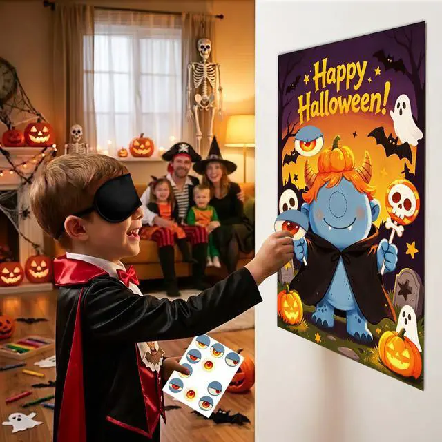 Alt view image 5 of 7 - Halloween Party Supplies, 7 Pcs Halloween Pin The Eye On Monster Game, Including Halloween Poster Party Blindfold and Stickers for Halloween Decoration Supplies