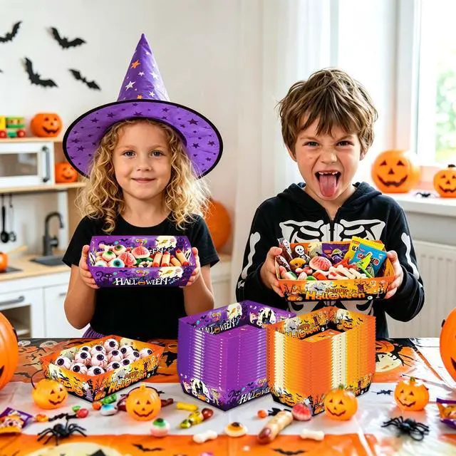 Alt view image 5 of 7 - 36 Pcs Halloween Food Trays, Foldable Halloween Popcorn Trays, Disposable Halloween Candy Trays for Halloween Party Supplies