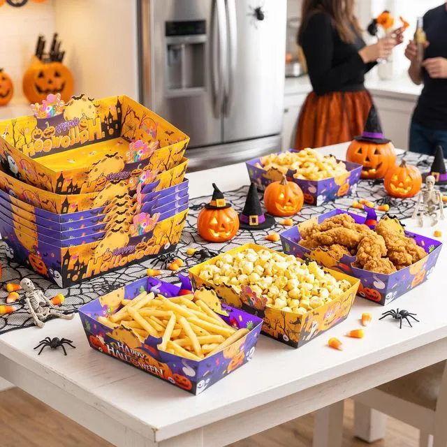 Alt view image 2 of 7 - 36 Pcs Halloween Paper Serving Trays Halloween Popcorn Trays Halloween Snack Trays Halloween Paper Food Trays Trick Or Treat Paper Food Trays for Halloween Party Decorations Supplies