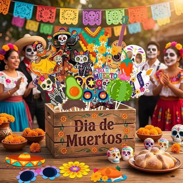 Alt view image 3 of 7 - 38 Pcs Day of the Dead Photo Booth Props, Day of the Dead Party Photo Booth Props & Day of the Dead Selfie Props for Day of the Dead party Decorations & Day of the Dead Party Supplies