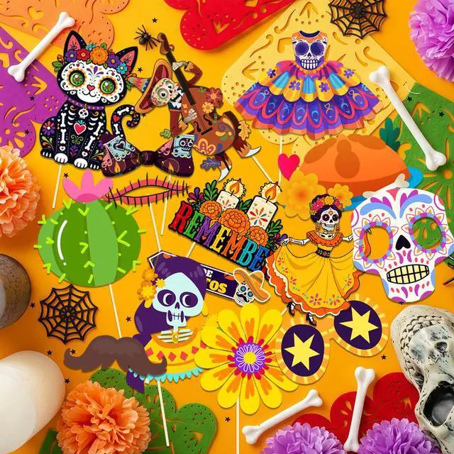 Alt view image 5 of 7 - 38 Pcs Day of the Dead Photo Booth Props, Day of the Dead Party Photo Booth Props & Day of the Dead Selfie Props for Day of the Dead party Decorations & Day of the Dead Party Supplies