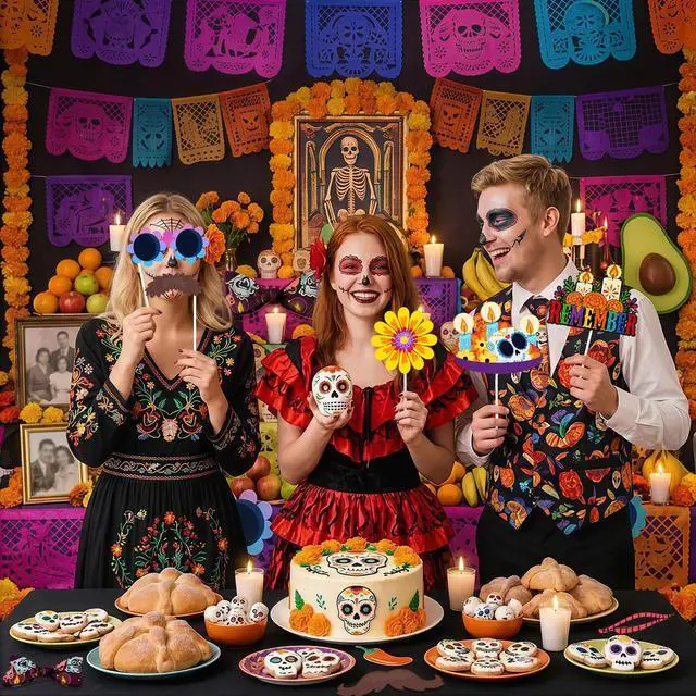 Alt view image 2 of 7 - 38 Pcs Day of the Dead Photo Booth Props, Day of the Dead Party Photo Booth Props & Day of the Dead Selfie Props for Day of the Dead party Decorations & Day of the Dead Party Supplies