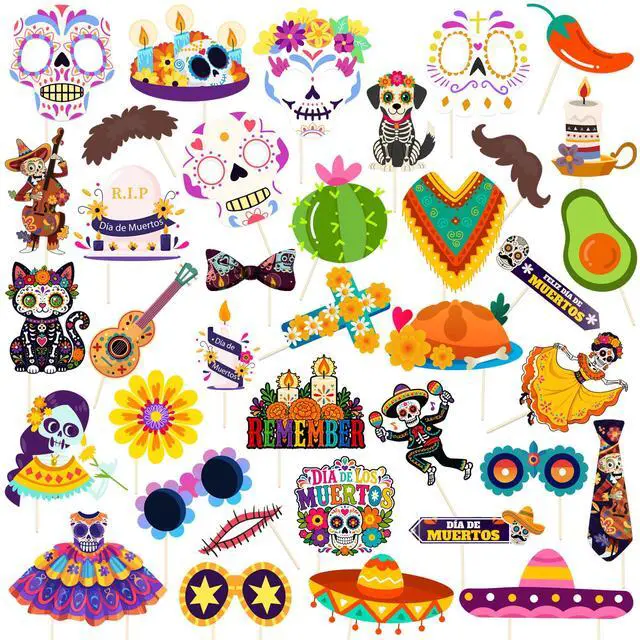 Main image of 38 Pcs Day of the Dead Photo Booth Props, Day of the Dead Party Photo Booth Props & Day of the Dead Selfie Props for Day of the Dead party Decorations & Day of the Dead Party Supplies