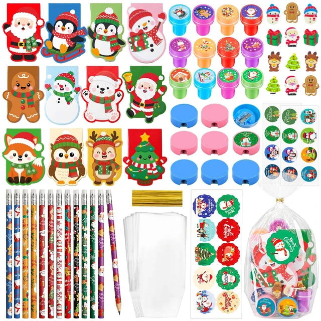 Main image of 72 Pcs Christmas Party Favors Set - Christmas Candy Bags Mini Notebooks Pencils Mini Erasers etc Christmas Party Favors Bags Fillers for Christmas Party Decorations Supplies