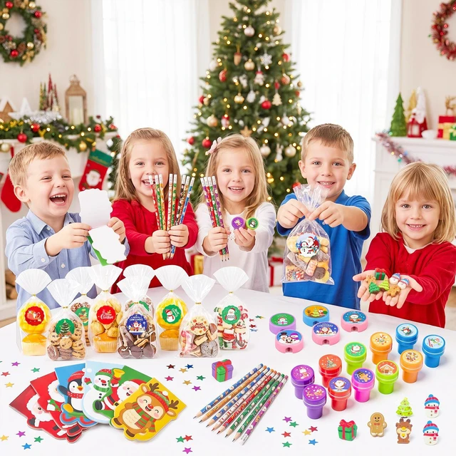 Alt view image 4 of 7 - 72 Pcs Christmas Party Favors Set - Christmas Candy Bags Mini Notebooks Pencils Mini Erasers etc Christmas Party Favors Bags Fillers for Christmas Party Decorations Supplies