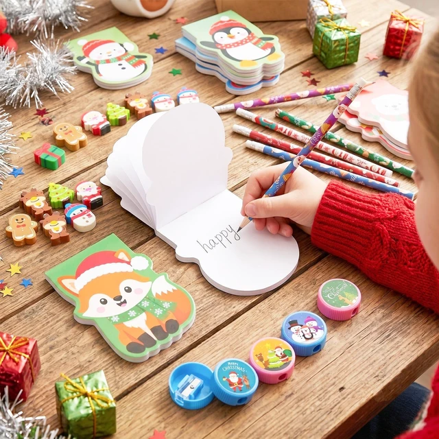 Alt view image 3 of 7 - 72 Pcs Christmas Party Favors Set - Christmas Candy Bags Mini Notebooks Pencils Mini Erasers etc Christmas Party Favors Bags Fillers for Christmas Party Decorations Supplies