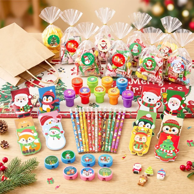 Alt view image 6 of 7 - 72 Pcs Christmas Party Favors Set - Christmas Candy Bags Mini Notebooks Pencils Mini Erasers etc Christmas Party Favors Bags Fillers for Christmas Party Decorations Supplies