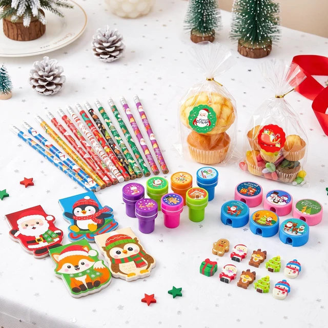 Alt view image 2 of 7 - 72 Pcs Christmas Party Favors Set - Christmas Candy Bags Mini Notebooks Pencils Mini Erasers etc Christmas Party Favors Bags Fillers for Christmas Party Decorations Supplies
