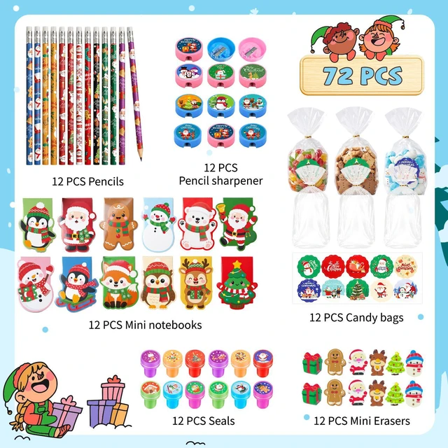 Alt view image 7 of 7 - 72 Pcs Christmas Party Favors Set - Christmas Candy Bags Mini Notebooks Pencils Mini Erasers etc Christmas Party Favors Bags Fillers for Christmas Party Decorations Supplies