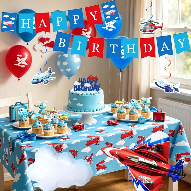 Alt view image 3 of 7 - 43pcs Airplane Birthday Party Decorations, Vintage Airplane Party Decorations Set, Airplane Balloons Cake Decorations Plane Honeycomb Centerpieces etc Airplane Decorations