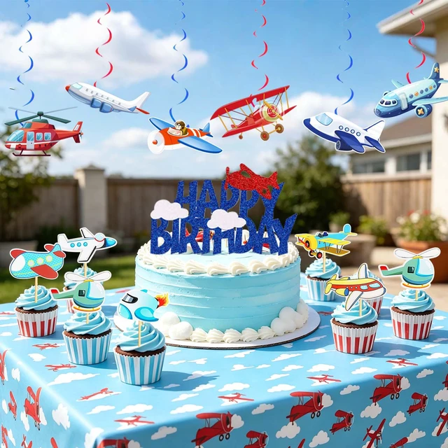 Alt view image 4 of 7 - 43pcs Airplane Birthday Party Decorations, Vintage Airplane Party Decorations Set, Airplane Balloons Cake Decorations Plane Honeycomb Centerpieces etc Airplane Decorations