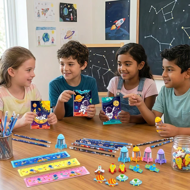 Alt view image 4 of 7 - 72 Pcs Outer Space Party Favors Set - Space Candy Bags Mini Notebooks Pencils Mini Erasers etc Space Party Favors Bags Fillers for Outer Space Party Decorations Supplies