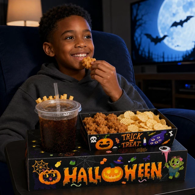 Alt view image 4 of 6 - 40 Pcs Halloween Party Snack Trays, Halloween Movie Night Snack Trays, Halloween Movie Paper Trays & Halloween Snack Boxes for Halloween Party Decorations or Halloween Table Decorations (Black)