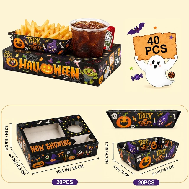 Alt view image 6 of 6 - 40 Pcs Halloween Party Snack Trays, Halloween Movie Night Snack Trays, Halloween Movie Paper Trays & Halloween Snack Boxes for Halloween Party Decorations or Halloween Table Decorations (Black)