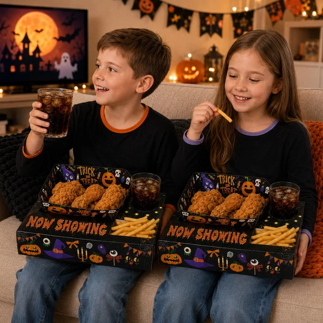 Alt view image 5 of 6 - 40 Pcs Halloween Party Snack Trays, Halloween Movie Night Snack Trays, Halloween Movie Paper Trays & Halloween Snack Boxes for Halloween Party Decorations or Halloween Table Decorations (Black)