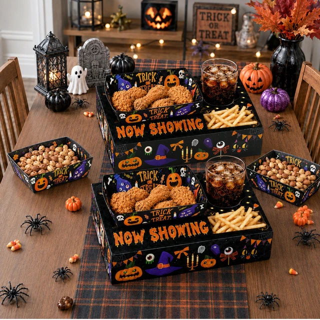 Alt view image 3 of 6 - 40 Pcs Halloween Party Snack Trays, Halloween Movie Night Snack Trays, Halloween Movie Paper Trays & Halloween Snack Boxes for Halloween Party Decorations or Halloween Table Decorations (Black)