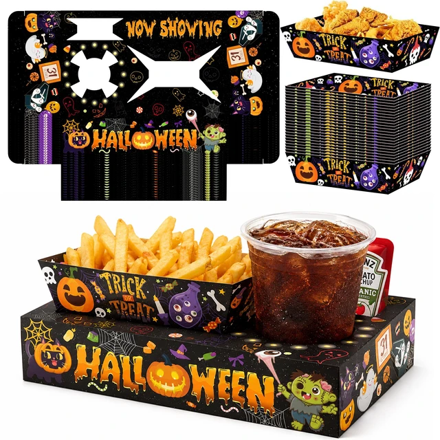 Main image of 40 Pcs Halloween Party Snack Trays, Halloween Movie Night Snack Trays, Halloween Movie Paper Trays & Halloween Snack Boxes for Halloween Party Decorations or Halloween Table Decorations (Black)