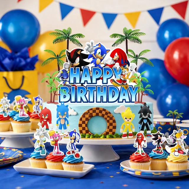Alt view image 3 of 6 - 46 Pcs Sonic Cake Decorations Set - Sonic Party Cake Toppers&Sonic Cupcake Toppers&Sonic Character Models&Colored Gemstones etc Sonic Cake Party Decorations for Sonic Birthday Party Decorations