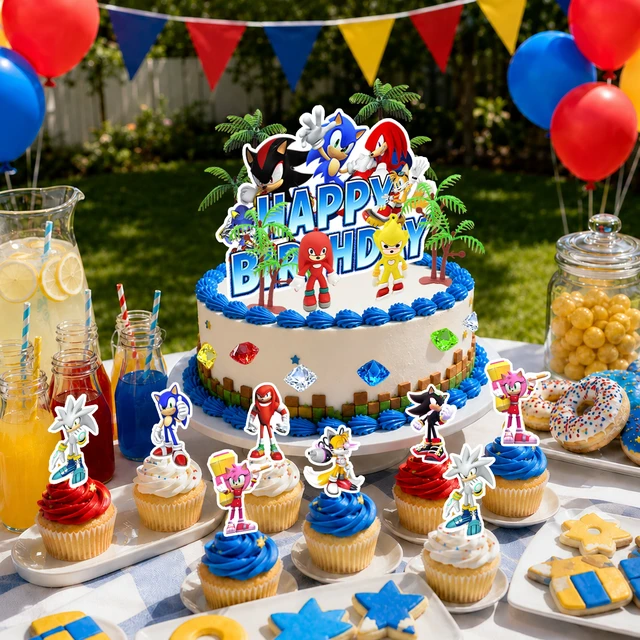 Alt view image 5 of 6 - 46 Pcs Sonic Cake Decorations Set - Sonic Party Cake Toppers&Sonic Cupcake Toppers&Sonic Character Models&Colored Gemstones etc Sonic Cake Party Decorations for Sonic Birthday Party Decorations