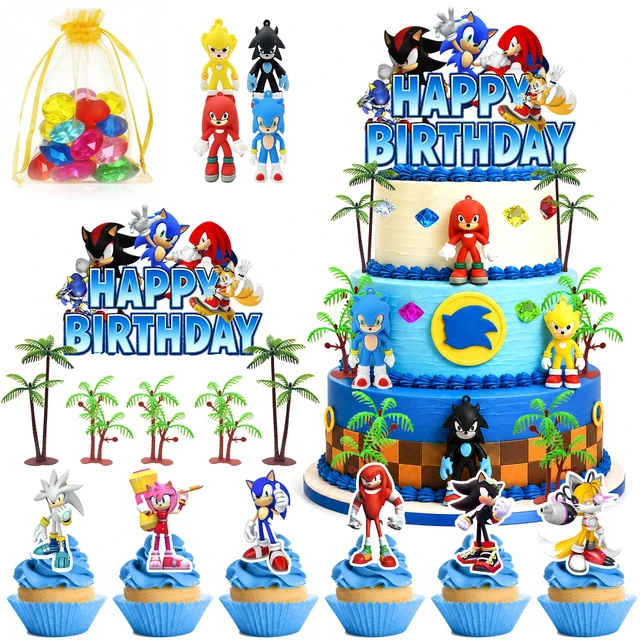 Main image of 46 Pcs Sonic Cake Decorations Set - Sonic Party Cake Toppers&Sonic Cupcake Toppers&Sonic Character Models&Colored Gemstones etc Sonic Cake Party Decorations for Sonic Birthday Party Decorations