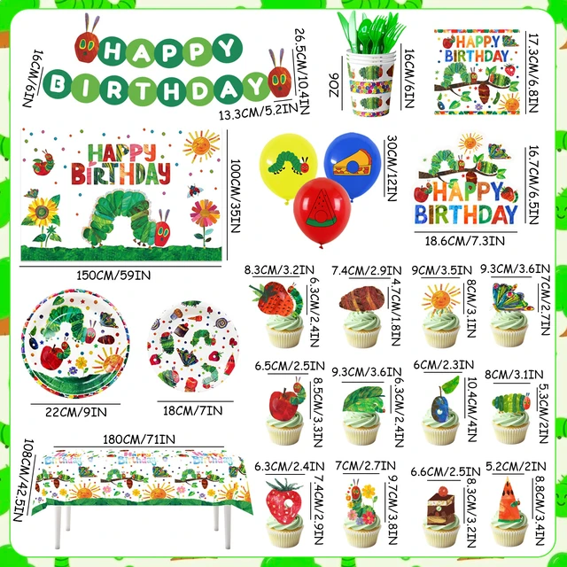 Alt view image 7 of 7 - 82 Pcs Hungry Caterpillar Birthday Decorations & Tableware Set,The Very Hungry Caterpillar Party Supplies - Hungry Caterpillar Party Plates Tablecloth Backdrop etc Hungry Caterpillar Decorations