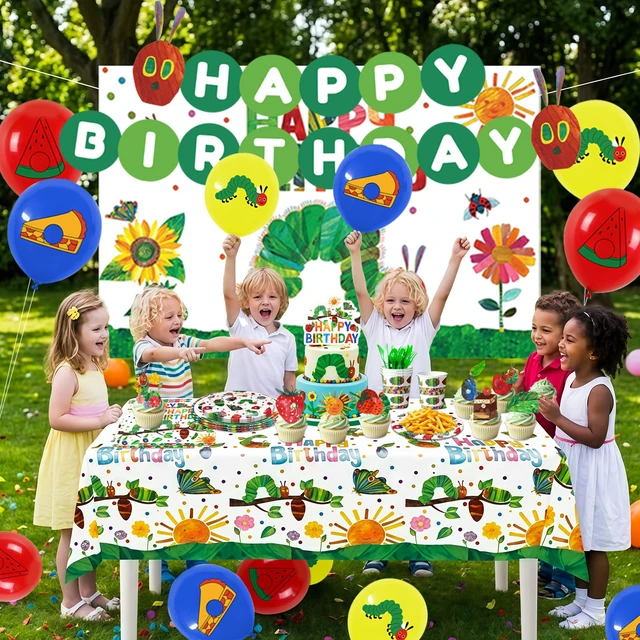 Alt view image 3 of 7 - 82 Pcs Hungry Caterpillar Birthday Decorations & Tableware Set,The Very Hungry Caterpillar Party Supplies - Hungry Caterpillar Party Plates Tablecloth Backdrop etc Hungry Caterpillar Decorations