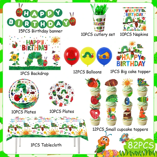 Alt view image 6 of 7 - 82 Pcs Hungry Caterpillar Birthday Decorations & Tableware Set,The Very Hungry Caterpillar Party Supplies - Hungry Caterpillar Party Plates Tablecloth Backdrop etc Hungry Caterpillar Decorations