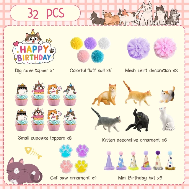 Alt view image 7 of 7 - 32 Pcs Cat Cake Decorations Set - Cat Party Cupcake Toppers&Cat Cupcake Toppers&Kitten Model Ornament&Cat Paw Cake Decorations etc Cat Birthday Party Decorations
